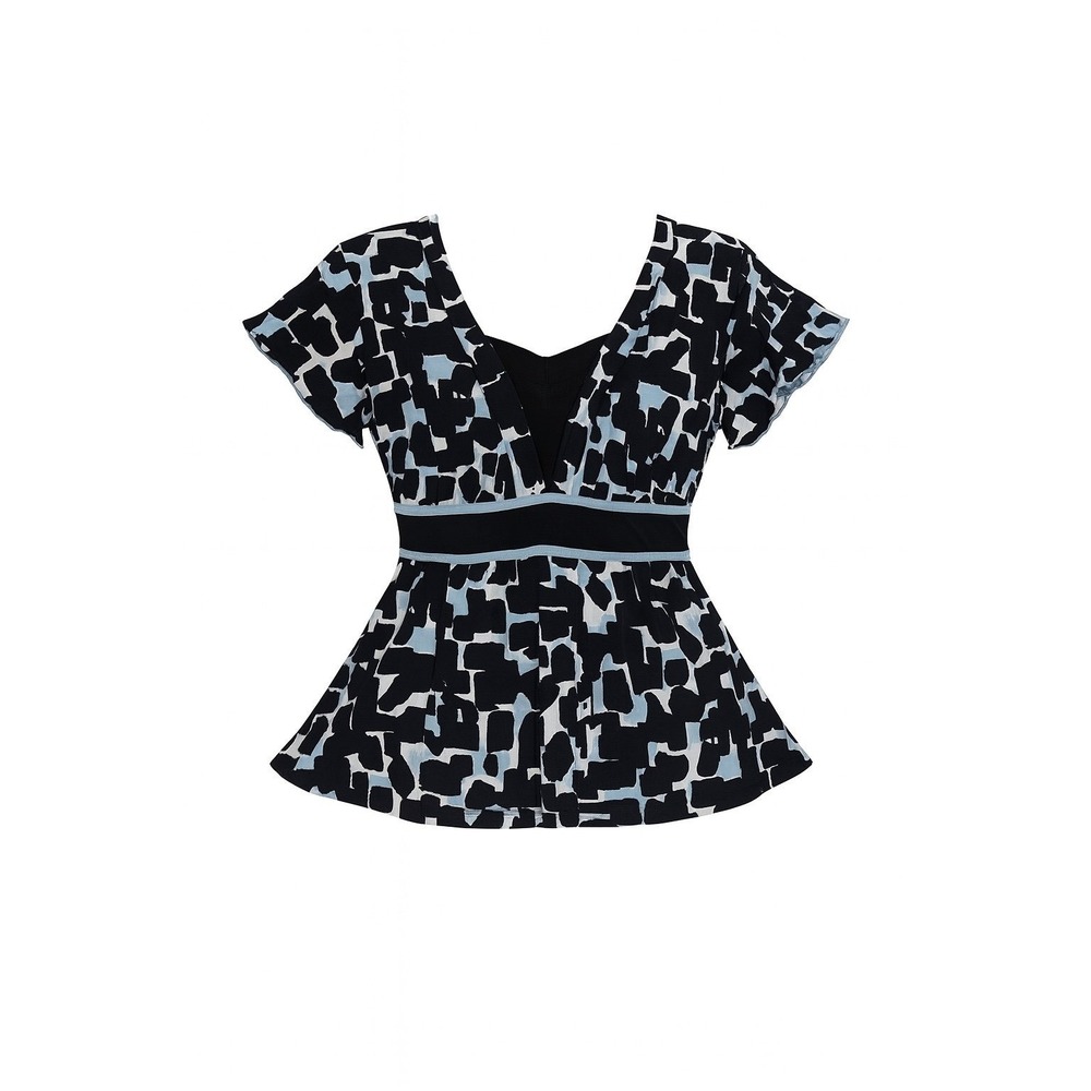 Petite Sophisticate Top L Black Blue White Abstract Print Blouse Babydoll Top